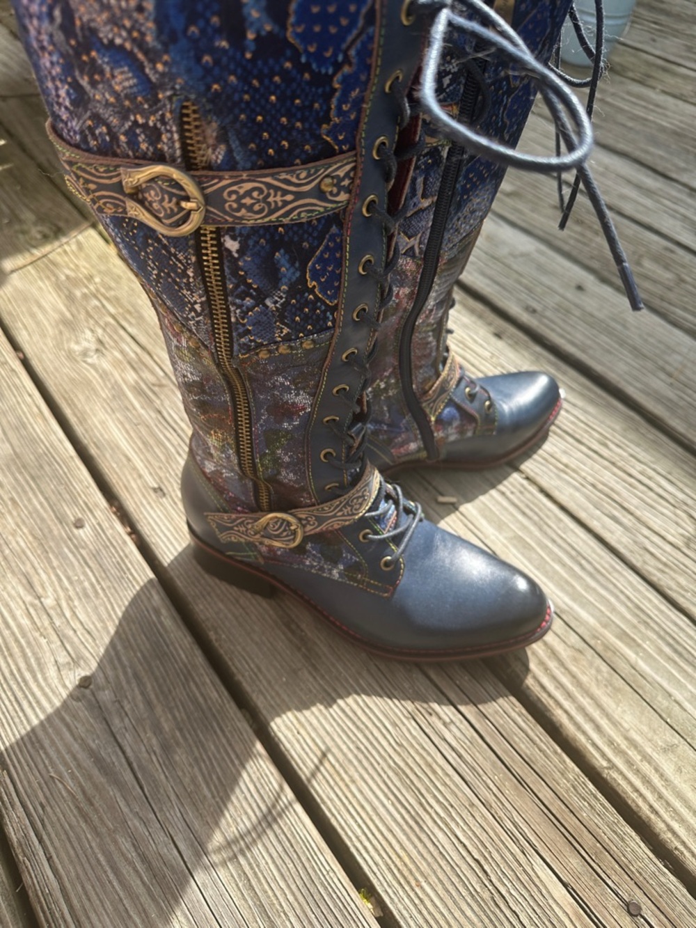 Blue Embroidered Lace-Up Mid-Calf Boots - Picture 2 of 4